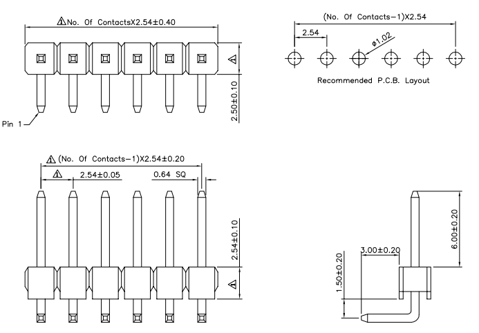 Male Header-0.1" 40-pin DIP Right Angle Single Row size